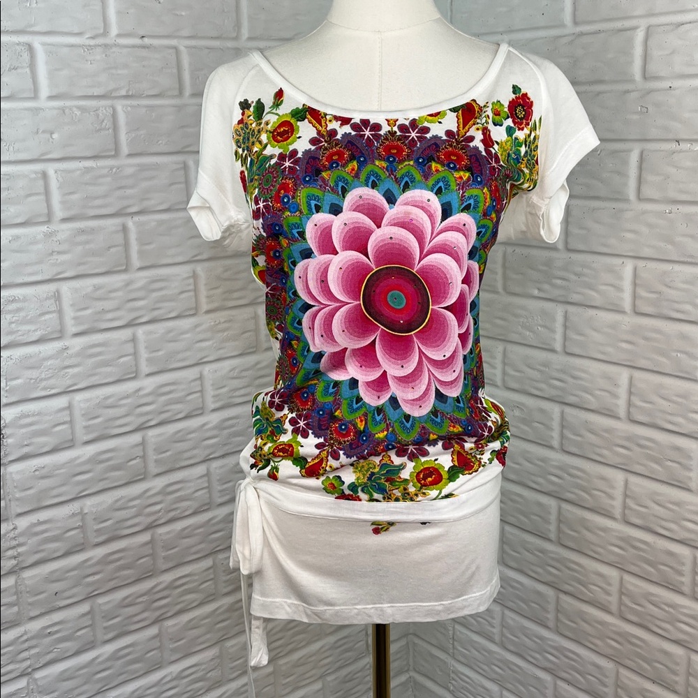 DESIGUAL MANDALA TEE SHIRT RHINESTONE WAIST TIE DRAWSTRING SCOOP NECK SZ SM NWOT